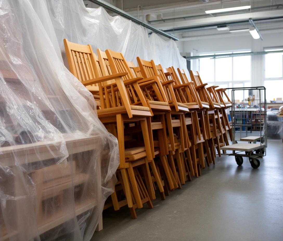 Chairs stacked for a restaurant order in the finishing bay