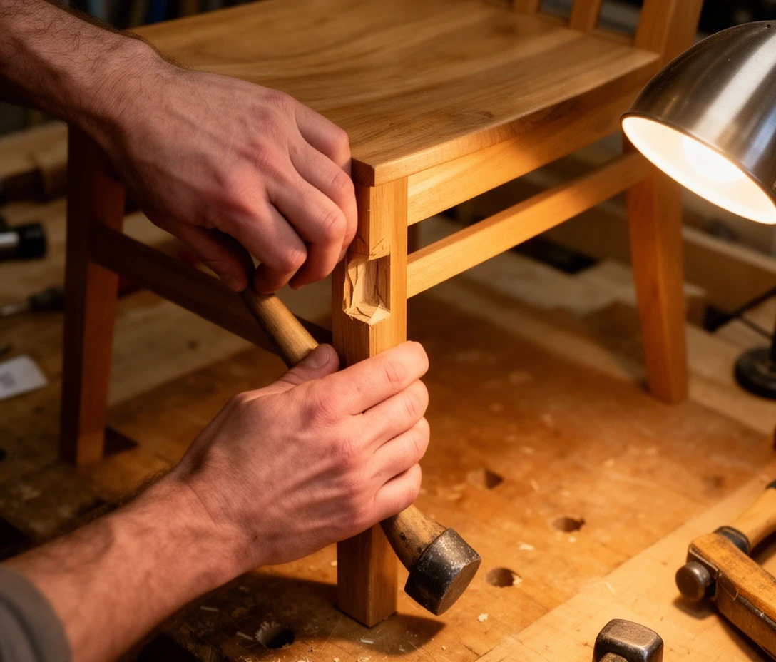 Mortise and tenon joint being fitted to a chair frame