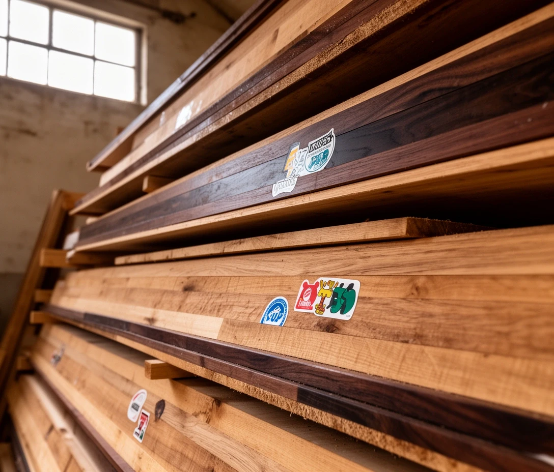 Boards of oak and walnut stacked in the timber store
