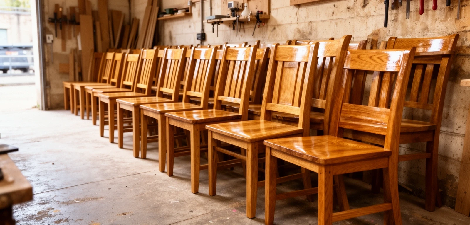 A row of finished chairs waiting in the workshop