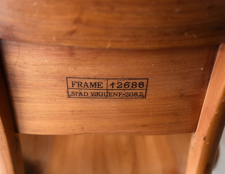 Underside of a chair seat showing the numbered frame stamp