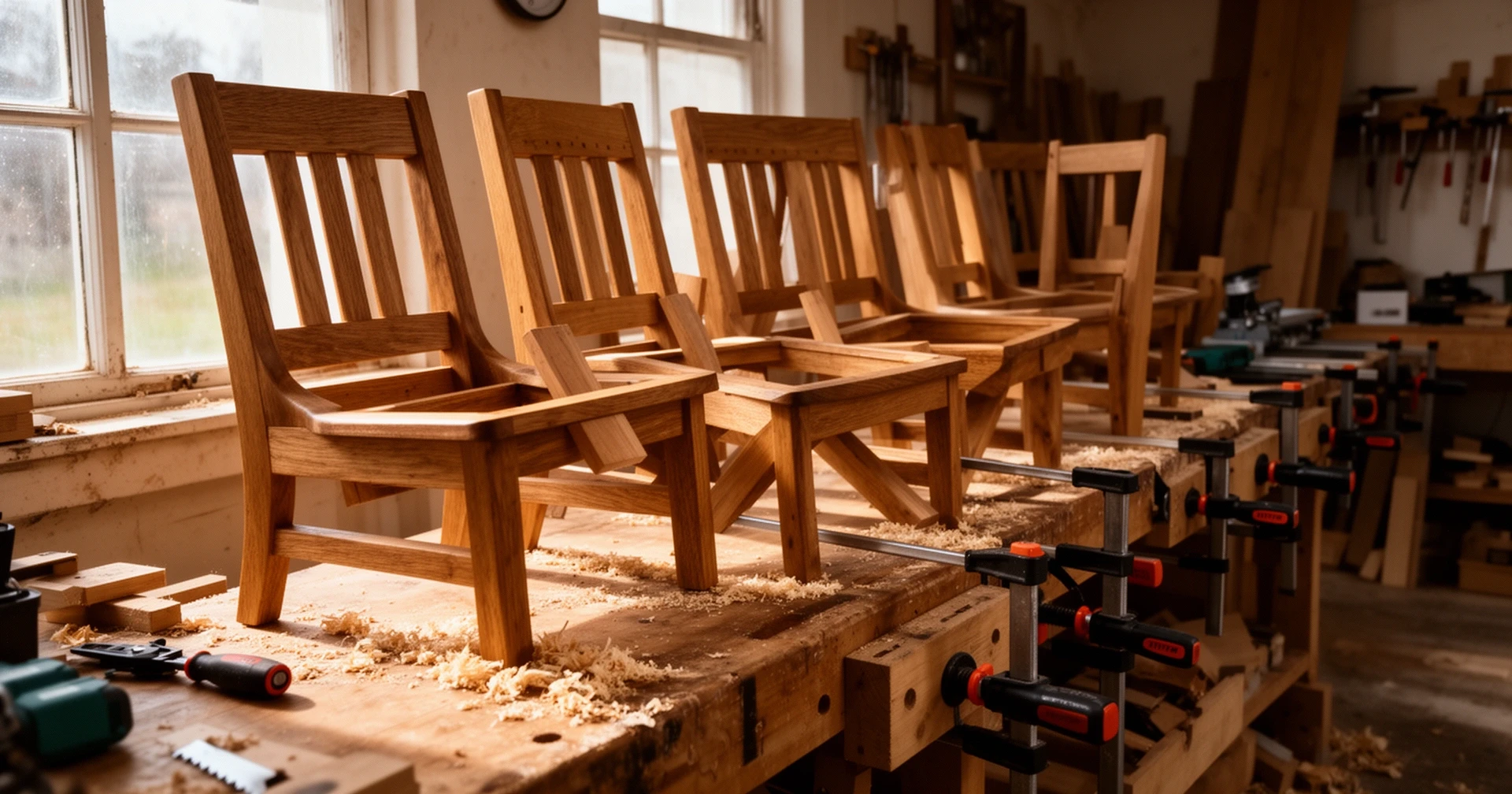 Chair frames on the bench in the Boudu workshop