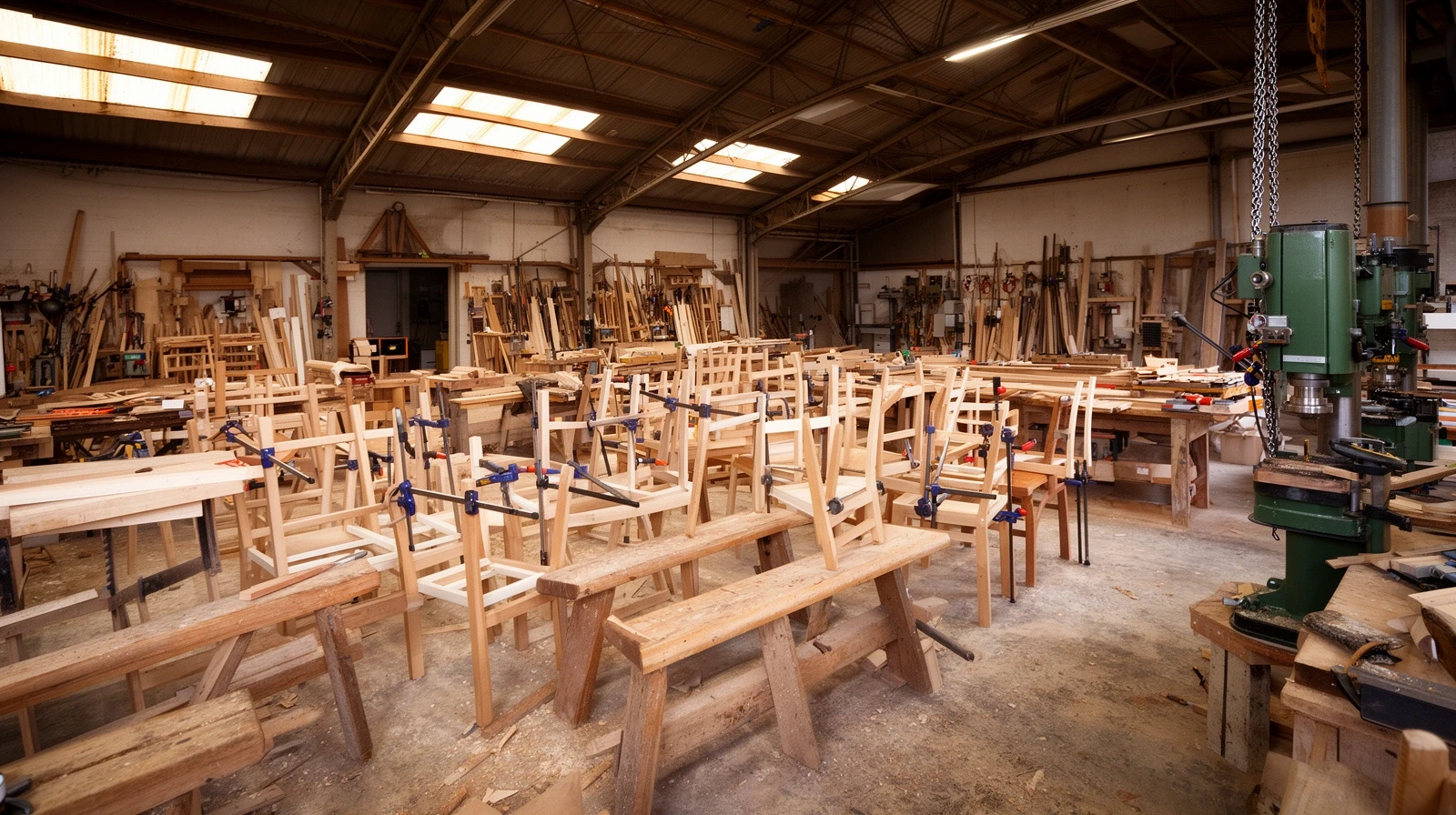 The workshop floor with benches and chair frames